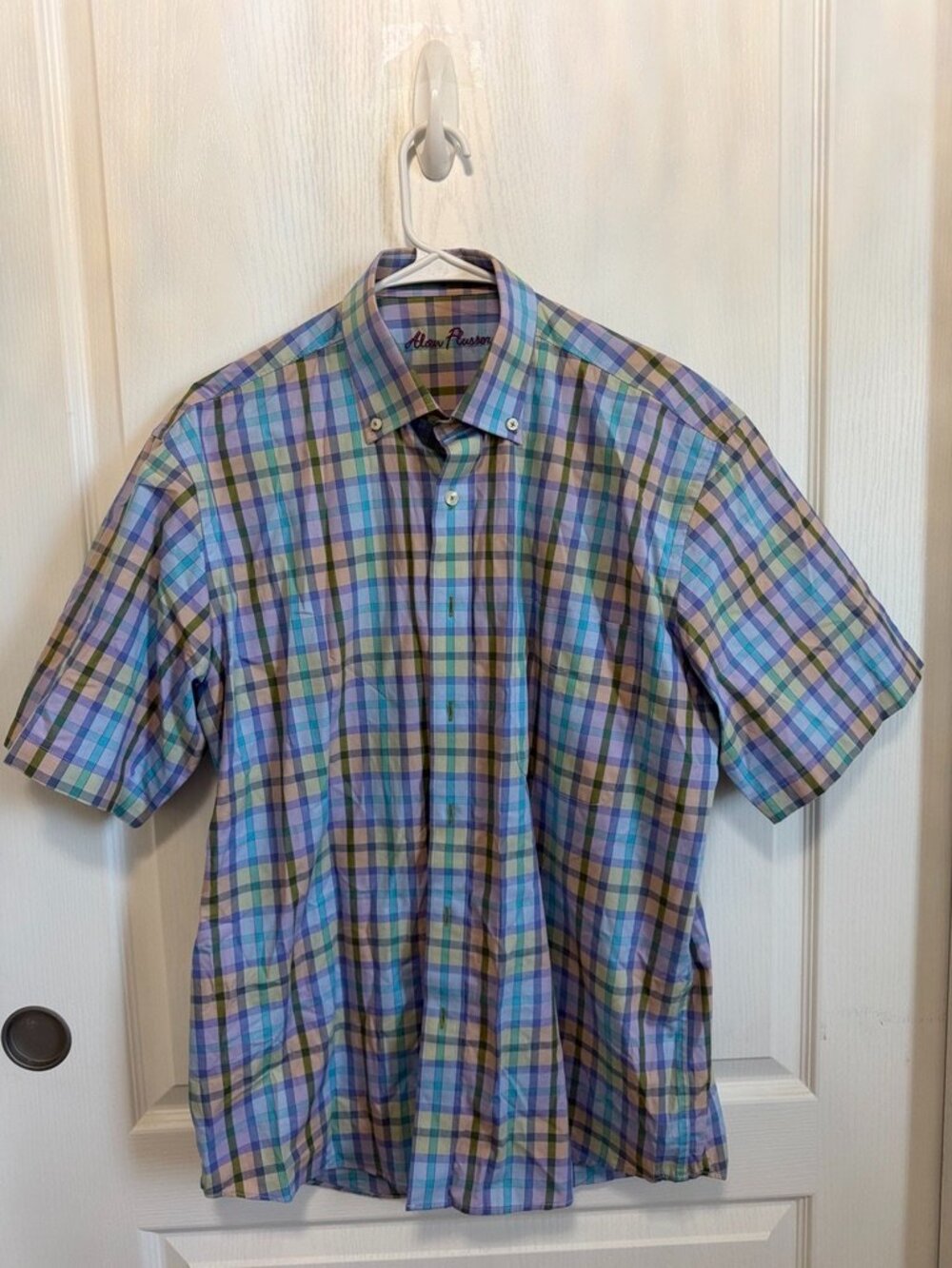 Alan Flusser Men’s Medium Multicolor Plaid Short Sleeve Button Down Shirt